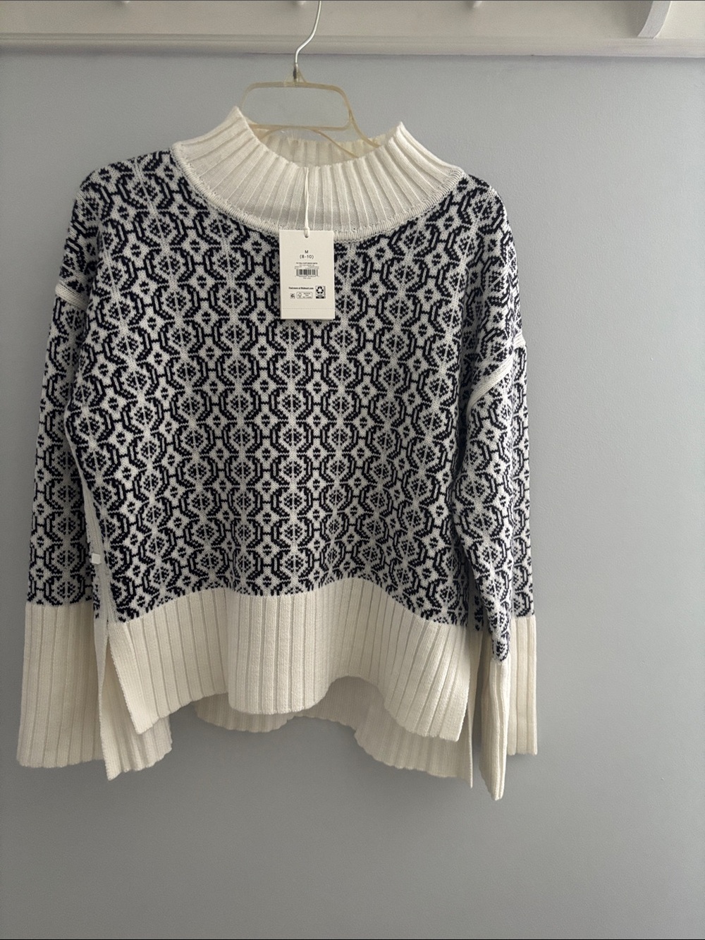 Free assembly Women's Cream and Navy Blue Patterned Knit Sweater